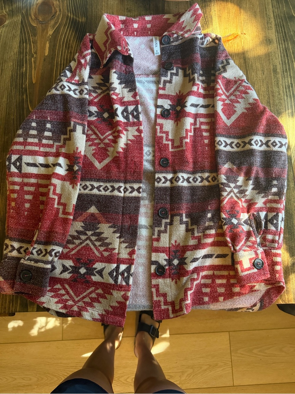 Aztec Print Button-Up Shacket in Red and Cream